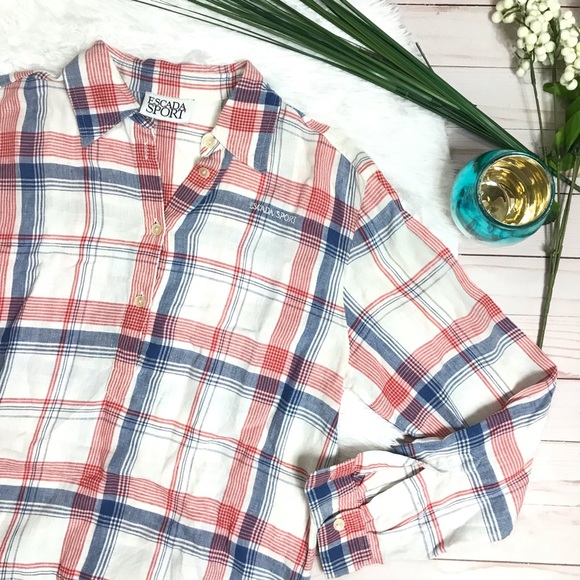 Escada Tops - ⬇️$375 Escada Blue & Red Plaid Linen Button Up